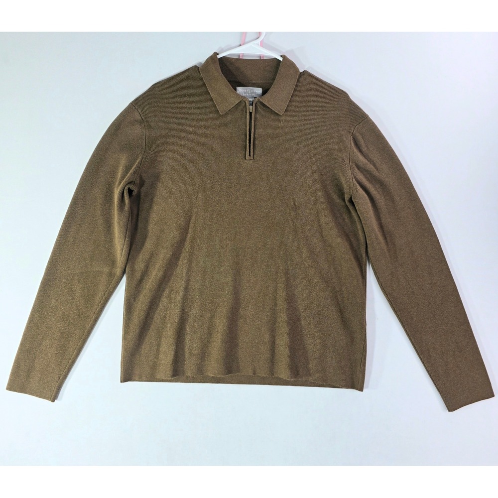 Hickey Freeman Men Brown Ribbed Quarter Zip Polo Sweater Size Medium Long Sleeve
